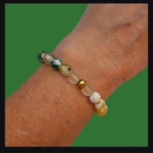 HANDMADE Fire Agate Recycled Sea Glass Beaded Stretch Easter Bracelet